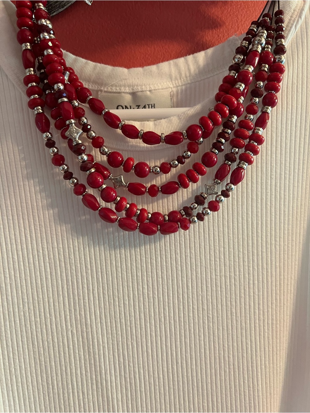 Multi-Strand Red Beaded Necklace with Silver Accents - Women's Jewelry